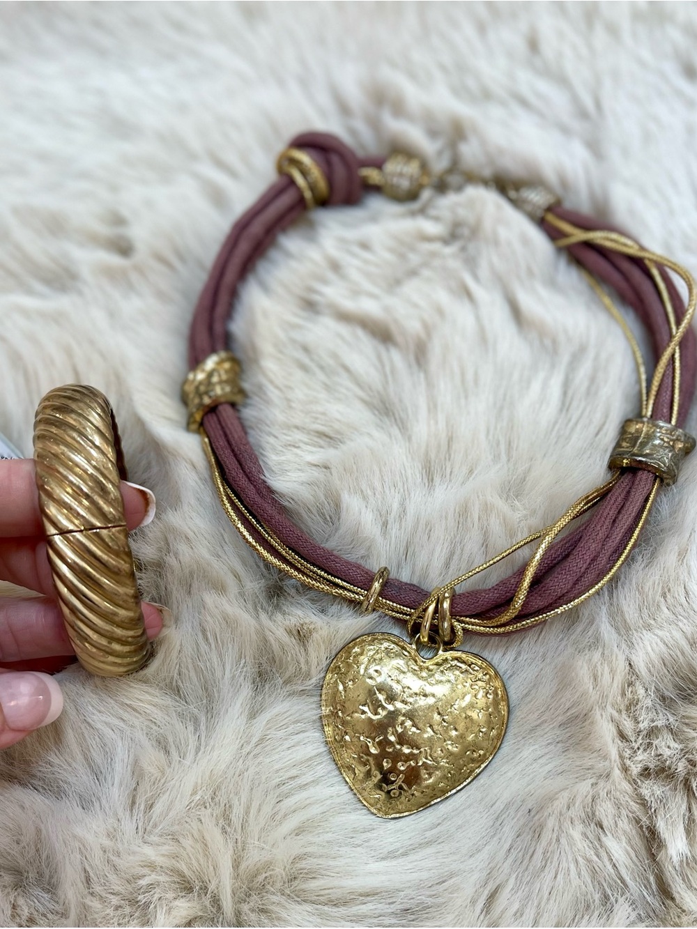 Gold-Tone Heart Pendant Necklace with Leather Cord - matching bracelet